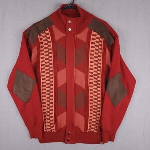 Silversilk Sweater Mens Large Red Geometric Full Zip Suede Trim Elbow Patches L